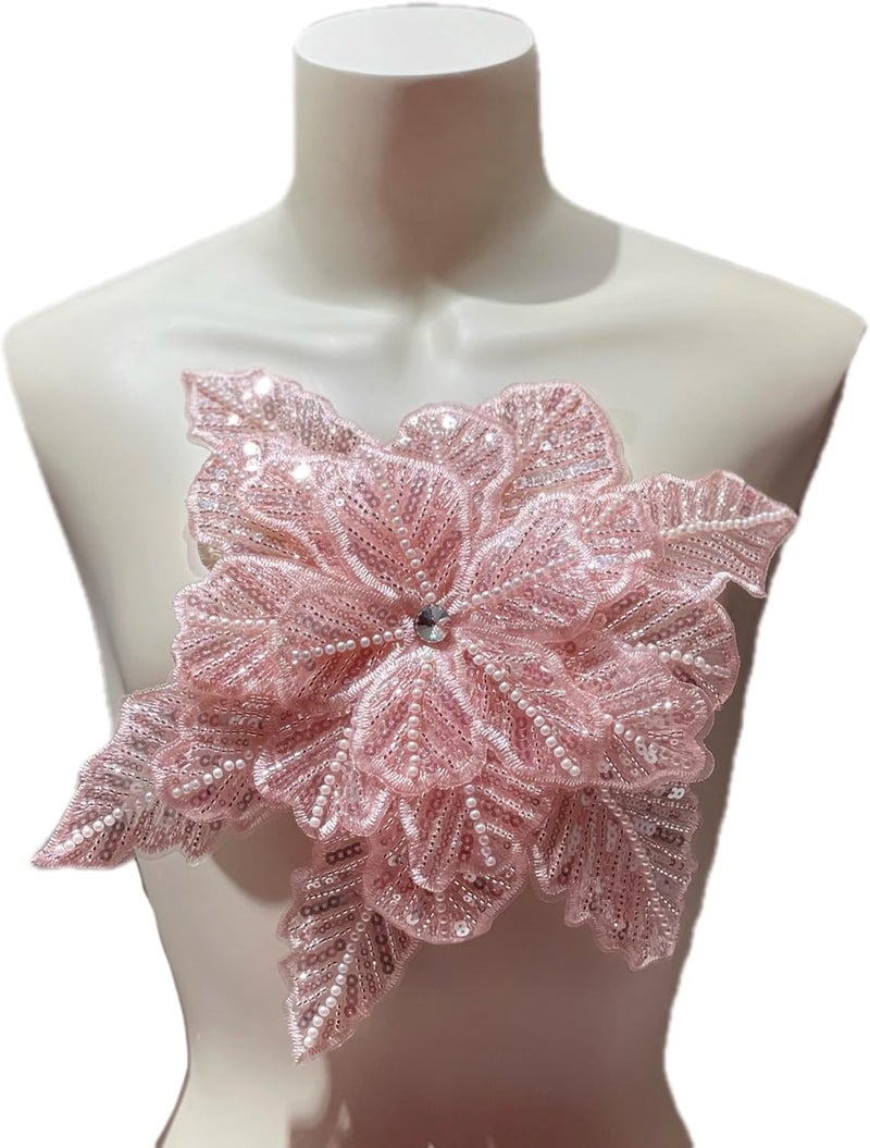 JRYYR Handmade Pink Appliques, Sequin Flower Patches, Sewing Beaded Appliques for Dresses, Wedding Dresses, Bags and Other DIY Decorative Accessories. (Pink-01) - Image 1